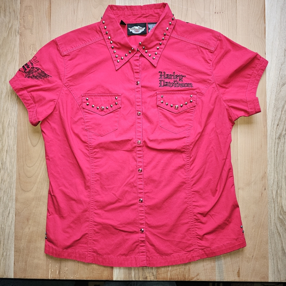 Harley Davidson Cycle Queen Red Snap Button Shirt Large